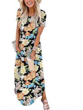 Women's Floral Orange Yellow Summer Maxi Dress Short Sleeve Casual Split T Shirt